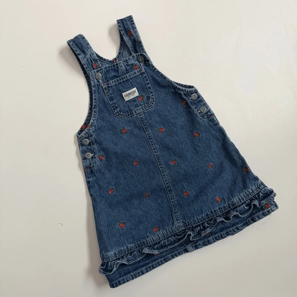 Vintage Y2K OshKosh B'gosh Denim Dress Overalls Embroidered Strawberries Blue